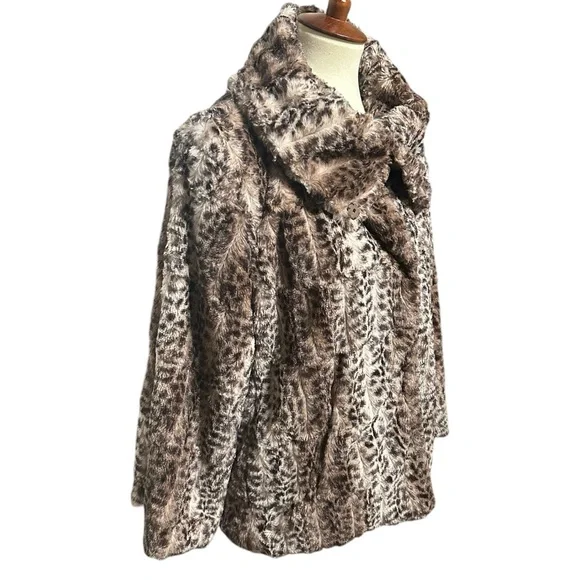 Faux Fur Leopard Print 3/4 Sleeve Jacket Snap Front Coat Collar - Picture 9 of 11